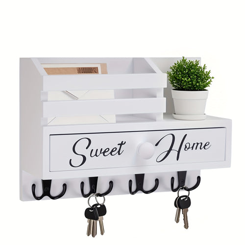 Key Holder for Wall with Drawer 8 Hooks – Rustic Wood Wall Mounted Key & Mail Organizer for Entryway, Kitchen, Mudroom, Office, Adhesive & Paintable Hooks, Space Saving Entryway Decor Storage