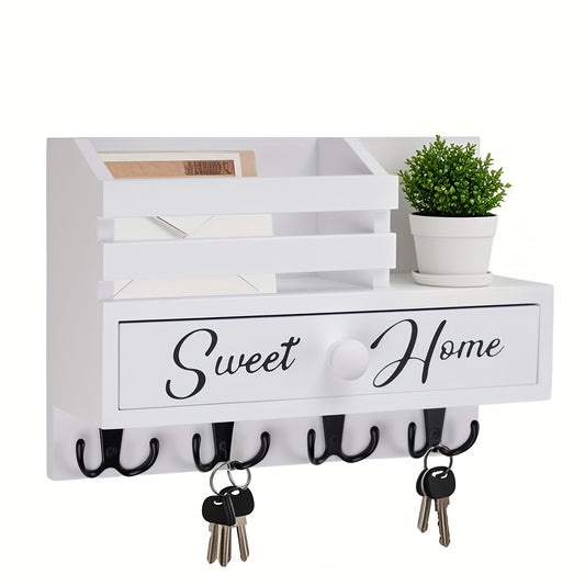 8-Hook Wall-Mounted Key & Mail Holder with Storage Drawer - Rustic Wood Organizer Suitable for Entryway, Kitchen, Mudroom, Office - Adhesive/Paintable Hooks, Space-Saving Drawer for Entryway Decor, Easy Installation Home Storage