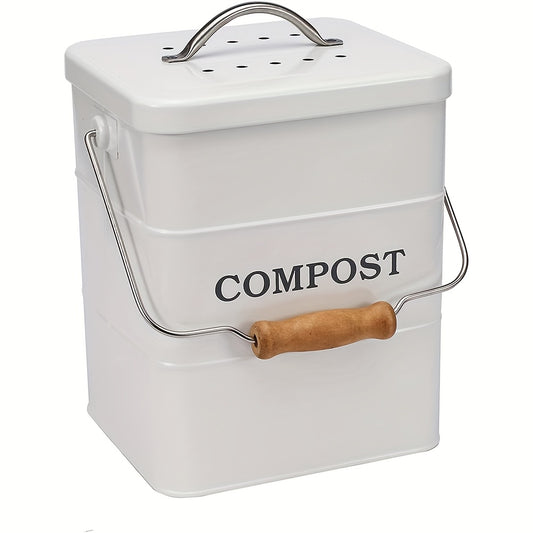 1 Gallon Metal Kitchen Compost Bin With Charcoal Filter And Wooden Handle - Odor-Free Indoor Countertop Composter For Food Waste