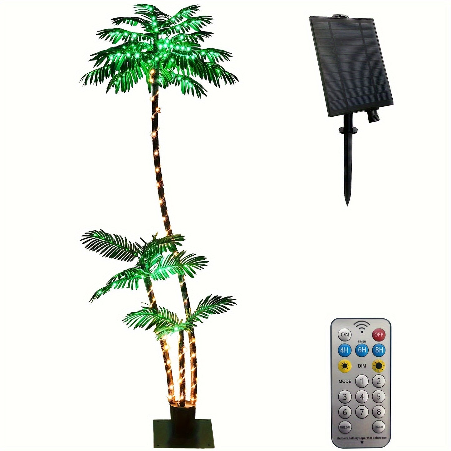 Solar 7FT Lighted Artificial Palm Tree With Three Trunks And 260 LED Lights - Ideal For Outdoor/Indoor Use, Perfect For Tiki Bars, Patios, Homes, Offices, Beaches, Yards Pool, Party