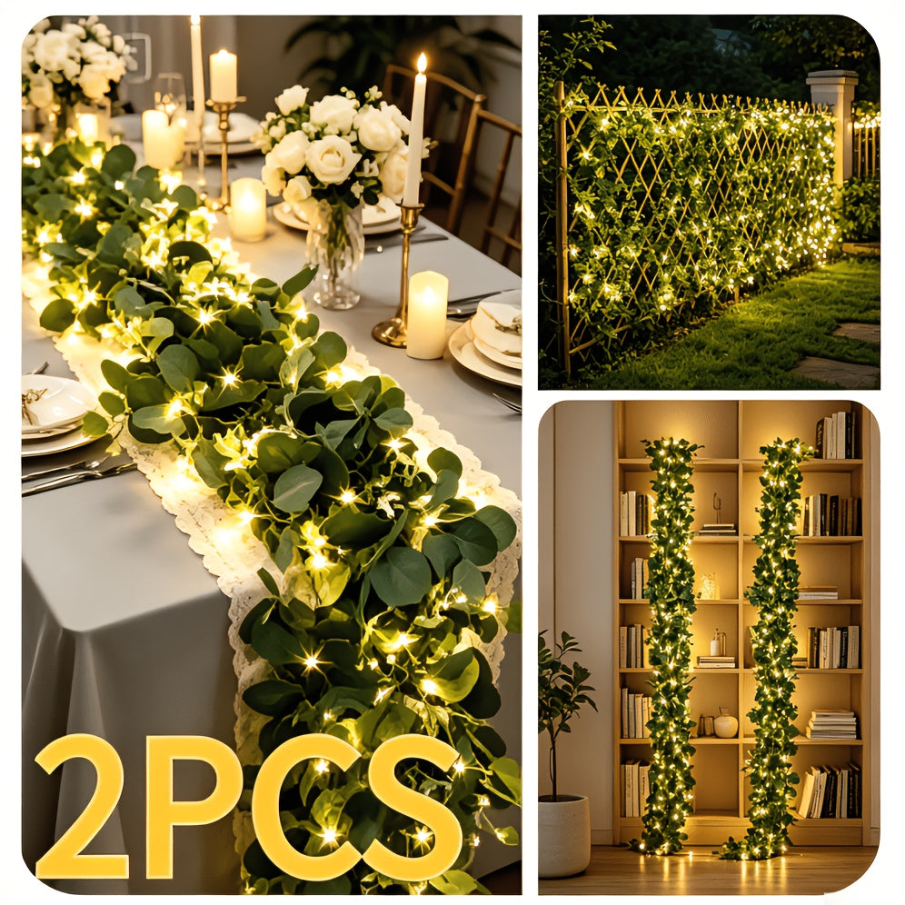 Lighted Eucalyptus Wreath Garland 6FT LED 2 Pack - Artificial Green Vine with Warm Lights for Wedding Centerpiece, Table Runner, Backdrop, Home & Seasonal Decor