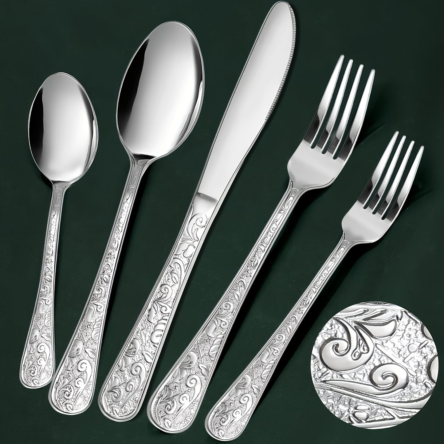 Flatware Set Stainless Steel Vintage Carved Cutlery Set Knife Fork Spoon Dishwasher Safe for Family Gatherings Holiday Parties Kitchen Decor