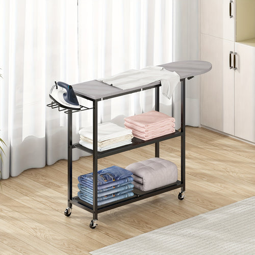 Three Layers Ironing Board Cart with Two Layers Of Shelves, Three Layers Of Movable Ironing Boards, And Multiple Layers Of Shelves with Wheels, Suitable for Storage In Living Rooms, Bedrooms, Courtyards.