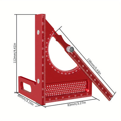 Adjustable 3D Carpentry Square Set - 180° Rotating Aluminum Alloy Triangle Ruler with T-Square Scribing Holes, Red & Black Markings, for Precise Woodworking Measurements, Carpentry Square Set