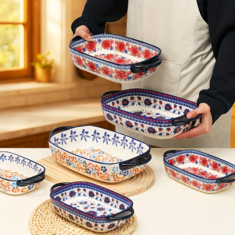 2pcs Bohemian Porcelain Baking Dishes - 13-inch Large Rectangular Baker Set  Elegant Mother's Day Gift for Home Chefs, Kitchen Essentials, Decorative Cookware, Stylish Bakeware, Premium Cookware, Durable Bakeware, Cooking Enthusiasts