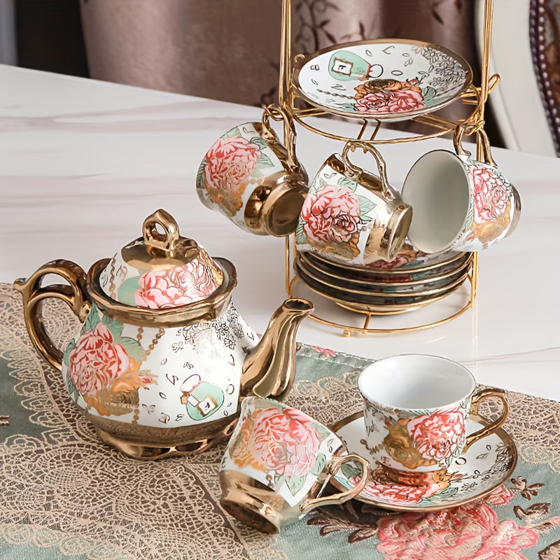 20pcs Premium Italian Teapot And Teacup Set, 20pcs Floral Ceramic Tea Set with Saucers, European Afternoon Tea Service Including Metal Stand, Blooming Design Cups, Complete Tea Accessories, Perfect Gift for Tea Lovers, Ideal for Special Occasions