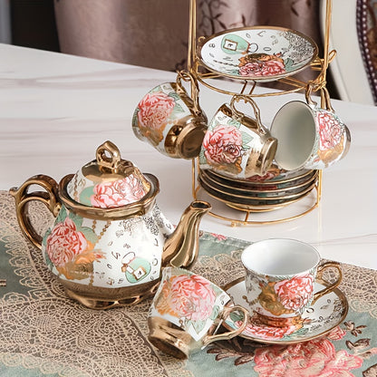20pcs Premium Italian Teapot And Teacup Set, 20pcs Floral Ceramic Tea Set with Saucers, European Afternoon Tea Service Including Metal Stand, Blooming Design Cups, Complete Tea Accessories, Perfect Gift for Tea Lovers, Ideal for Special Occasions