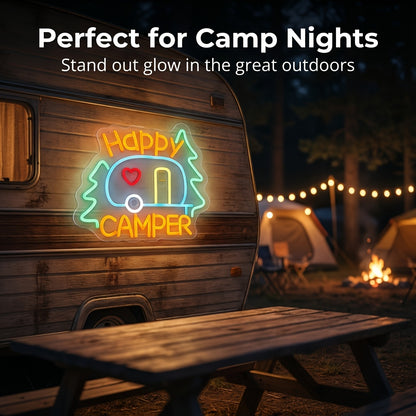 Happy Campers Neon Sign LED Wall Light | Illuminated RV Camper Decor Sign for Campsite Bedroom Man Cave Bar Party Polychrome Glowing Gift for Campers