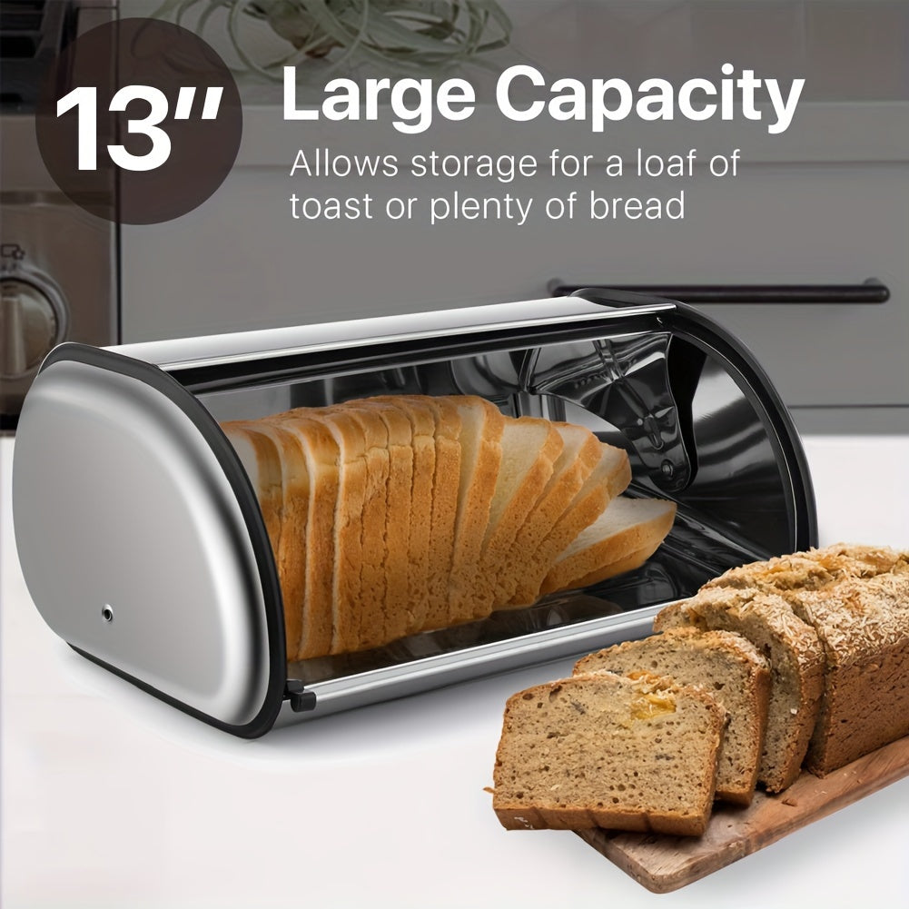 13 "Stainless Steel Roll Top Bread Box, Suitable for Countertop Bread Storage Containers with Stainless Steel Lid - Fresh And Insect Resistant, Can Hold Multiple Large Breads And Other Baked Goods Including Bagels Muffins, Fruit, Etc