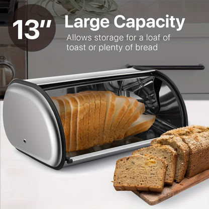 13 "Stainless Steel Roll Top Bread Box, Suitable for Countertop Bread Storage Containers with Stainless Steel Lid - Fresh And Insect Resistant, Can Hold Multiple Large Breads And Other Baked Goods Including Bagels Muffins, Fruit, Etc