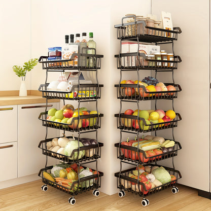 6-Tier Stackable Metal Wire Storage Basket Organizer with Wheels, Oblong Rectangular Design, Space-Saving Kitchen Pantry Organizer for Fruits, Vegetables, Utensils, Visible Open Shelf
