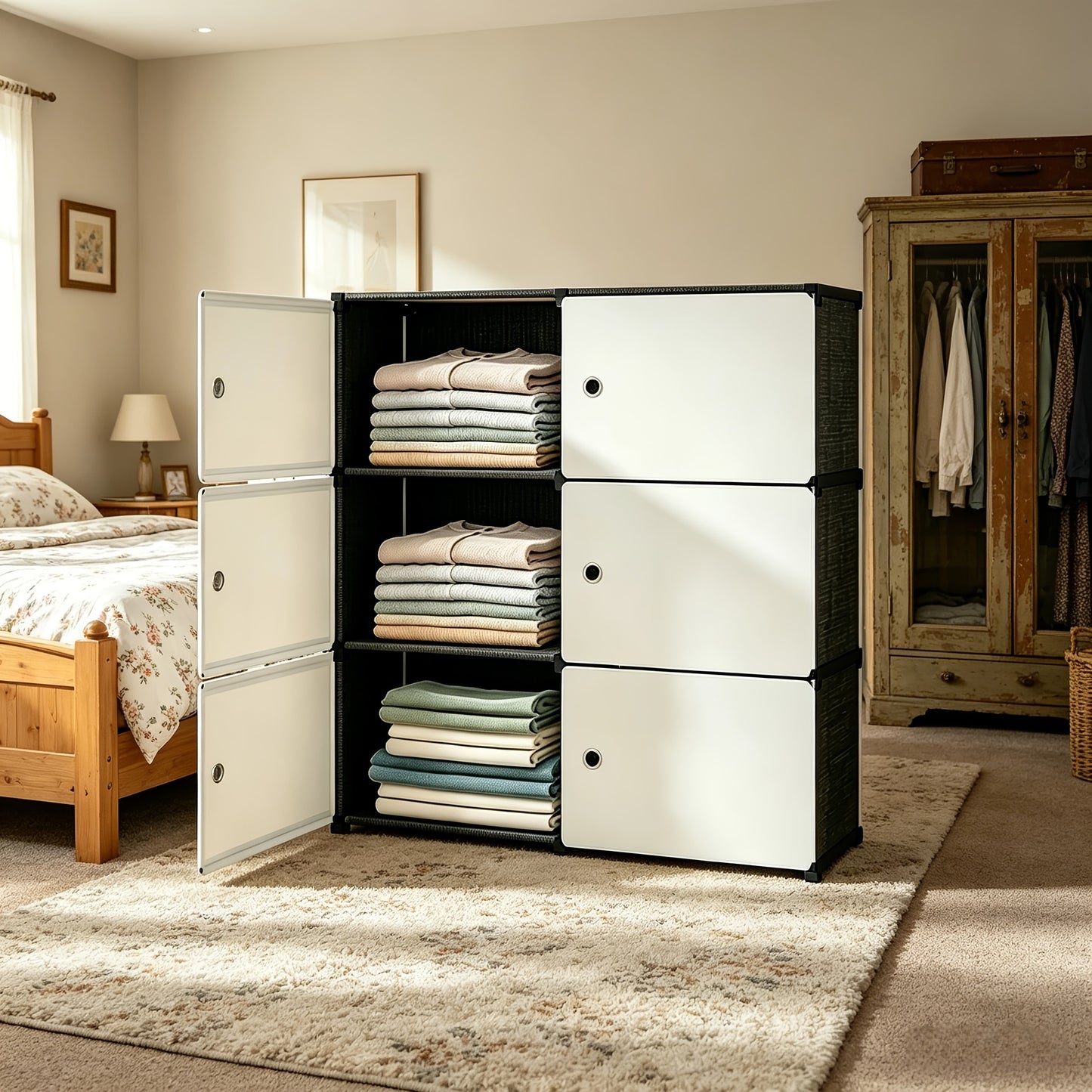 Modular Storage Cabinet, 3-Tier & 4-Tier Magnetic Door Wardrobe Organizer, Large Capacity Stable Load-Bearing Dust-Proof Odor-Free Closet Organizer, Easy To Assemble For Bedroom Dorm Apartment Living Room, Trunks