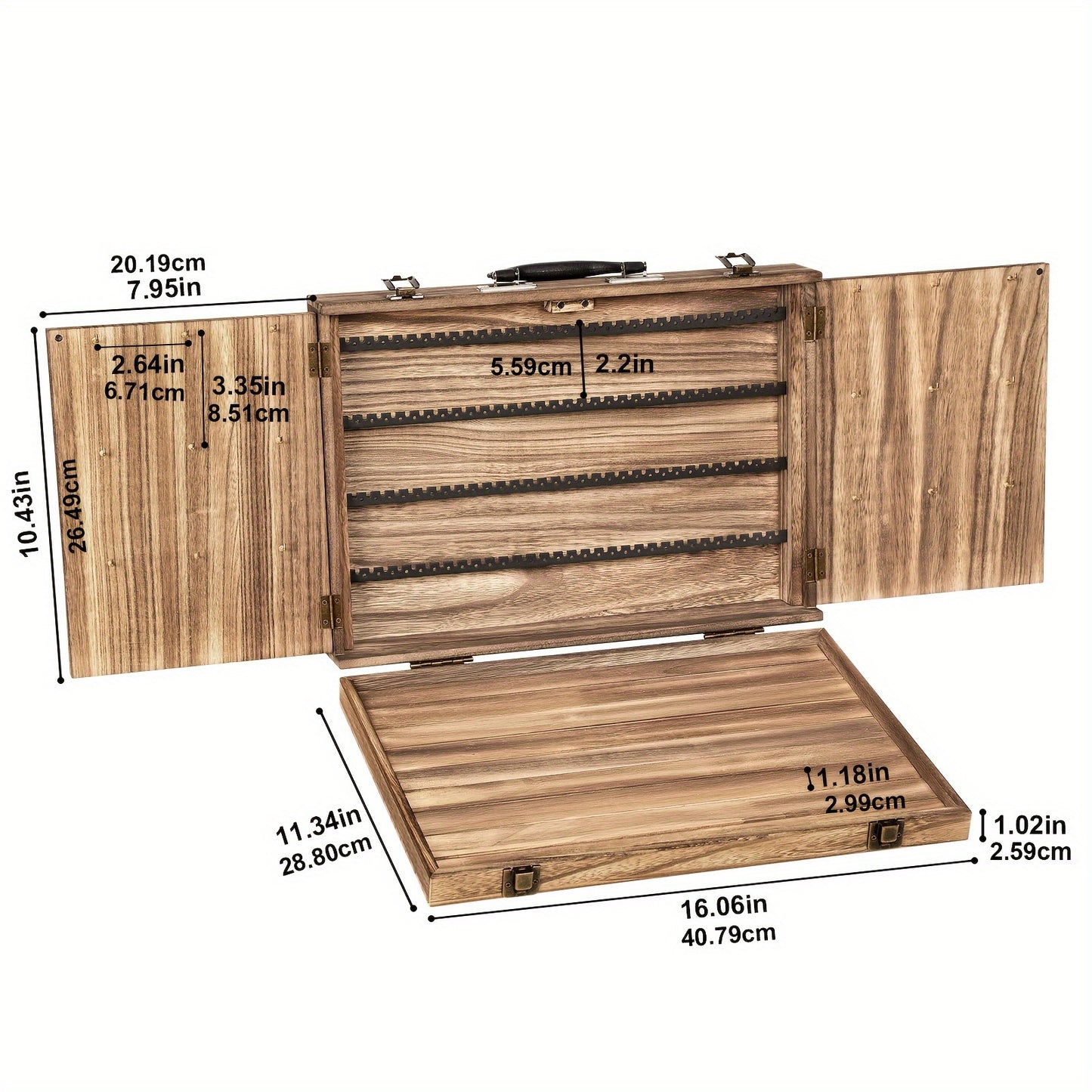 Wooden Jewelry Display Case with Lock & Buckle Closure – Vintage Tabletop Organizer Box for Earrings, Bracelets & Necklaces, Large Capacity Earring Card Holder, Burnt Wood
