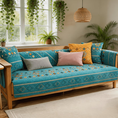 [Bohemian Sofa Cover] 1pc Bohemian Chenille Sofa Cover Compatible for Living Room, Bedroom, and Office Ethnic Style Sofa Cushion Cover with Anti-Slip & Cat Scratch Resistant, Skin-Friendly Spring St. Patrick's Day Home Decor