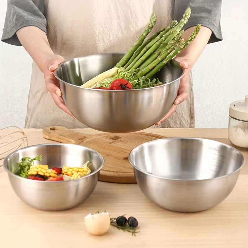 3pcs/ set Stainless Steel The Mixing Bowl with Measuring Marks, Durable Salad Bowl Set, Used for Cooking, Baking and Preparation, Kitchen and Restaurant Necessities.
