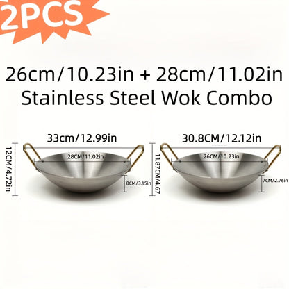 2pcs Stainless Steel Wok Set (10In+11In), The Ultimate Combo for Home Kitchen & Outdoor Adventures