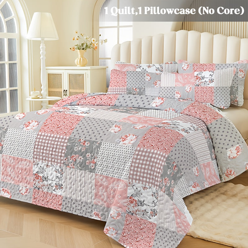2/3pcs Quilt Set Queen King Twin Full Size Women Mother Valentine Day Gift, Lightweight Floral Patchwork Comforter Bedding Set, Quilted Bedspreads Bed Cover Boho Green Blue Pink Plaid, Soft Cozy Blanket Coverlet With Pillow Shams Spring Summer Autum