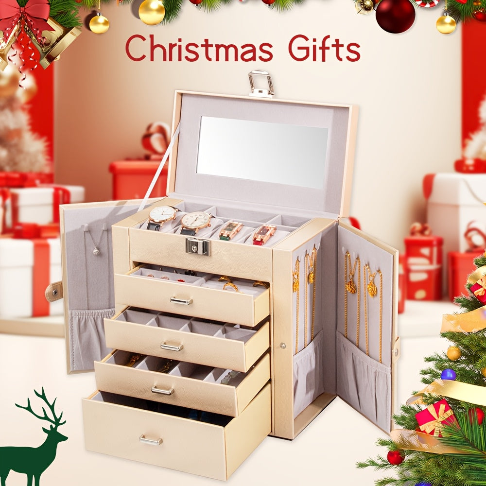 Large Jewelry Box, 5-Tier PU Leather Jewelry Organizer with Lock, Multi-Functional Storage Case with Mirror, Jewelry Organizer for Bracelets, Earrings, Rings, Necklaces, Mother'S Day, Jewelry Boxes