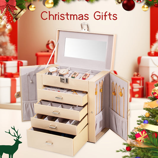 Large Jewelry Box, 5-Tier PU Leather Jewelry Organizer with Lock, Multi-Functional Storage Case with Mirror, Jewelry Organizer for Bracelets, Earrings, Rings, Necklaces, Mother'S Day, Jewelry Boxes