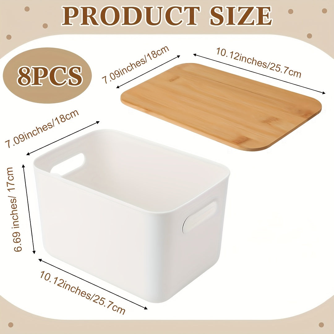 Plastic Storage Bins with Wood Lids Stackable Organizer with Handle and Labels for Home Office Kitchen Bedroom Closet Playroom 1 2 4 8 Pack