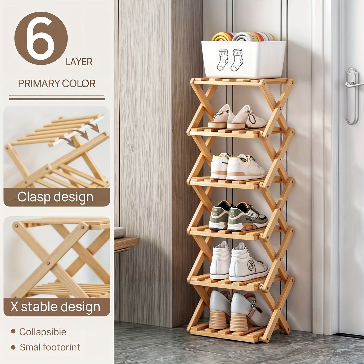 Bamboo Foldable Shoe Rack, Saving Space, Strong Storage Ability, Suitable for Small Space, Easy to Assemble Multi-Layer Shoe Storage Rack - Standalone Shoe Shelf for Rental Homes, Entryways, Hallways, Bedrooms, Bathrooms, Offices