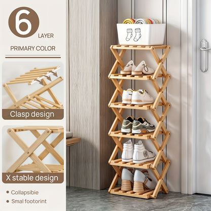Bamboo Foldable Shoe Rack, Saving Space, Strong Storage Ability, Suitable for Small Space, Easy to Assemble Multi-Layer Shoe Storage Rack - Standalone Shoe Shelf for Rental Homes, Entryways, Hallways, Bedrooms, Bathrooms, Offices