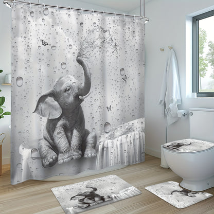 1pc/4pcs - Funny Elephant Shower Curtain Set, Shower Curtain with 12 Plastic Hooks, Bathroom Anti-slip Floor Mat, Toilet U-Shaped Mat, Cover Mat, African Animals Playing In Water Cute Wild Butterfly Raindrops Wildlife Bath Decor Home Decor
