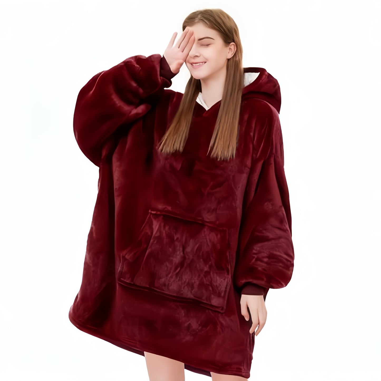 A Super Soft And Comfortable Plush Hooded Shirt, Double-Sided Wearable Blanket, Super Soft Reversible Hooded Blanket with Kangaroo Pocket, Machine Washable, Lazy Nightgown Dress