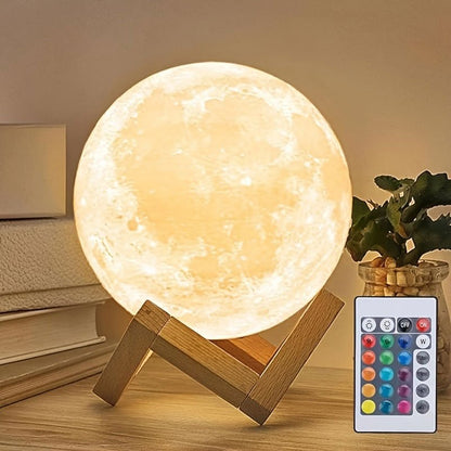 Moon Lamp 16-Color RGBW LED Night Light - 3D Printed 6.1" Realistic Moon with Remote Control & Wooden Stand, USB Powered Bedside Lamp for Bedroom Decor, Birthday Gift for Women, Moms & Friends