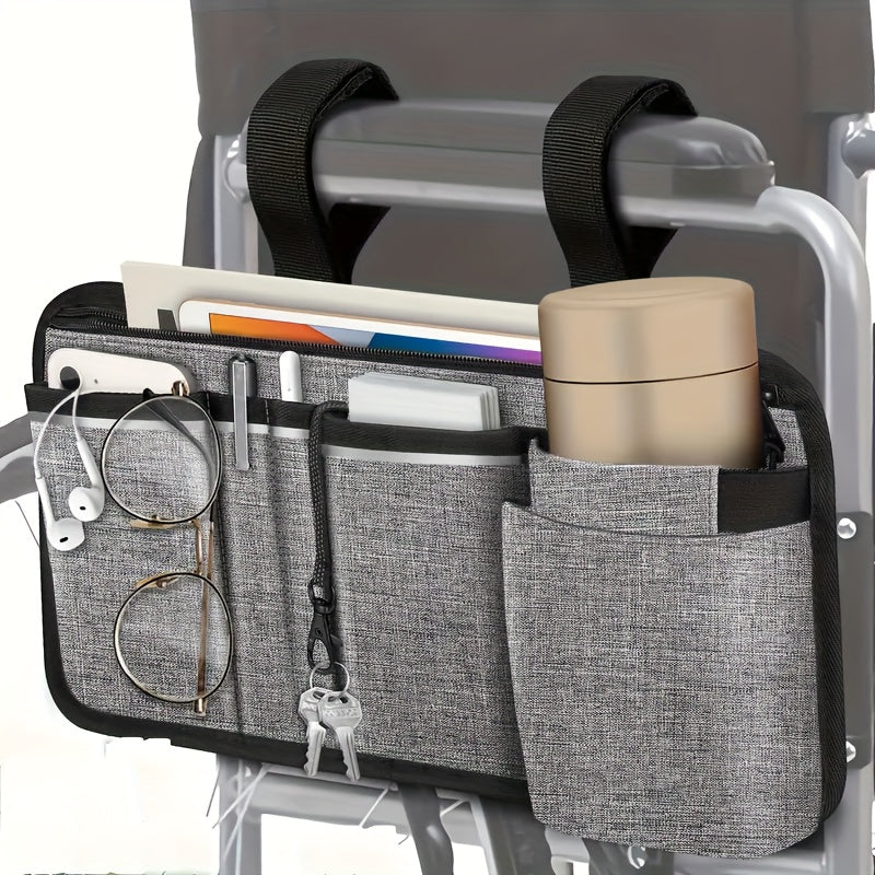 1Pc Wheelchair Side Storage Bag With Cup Holder - Reflective Strips - For Electric Power Wheelchairs, Walkers & Rollators -  Accessories for Seniors -  Convenient Storage & Hydration
