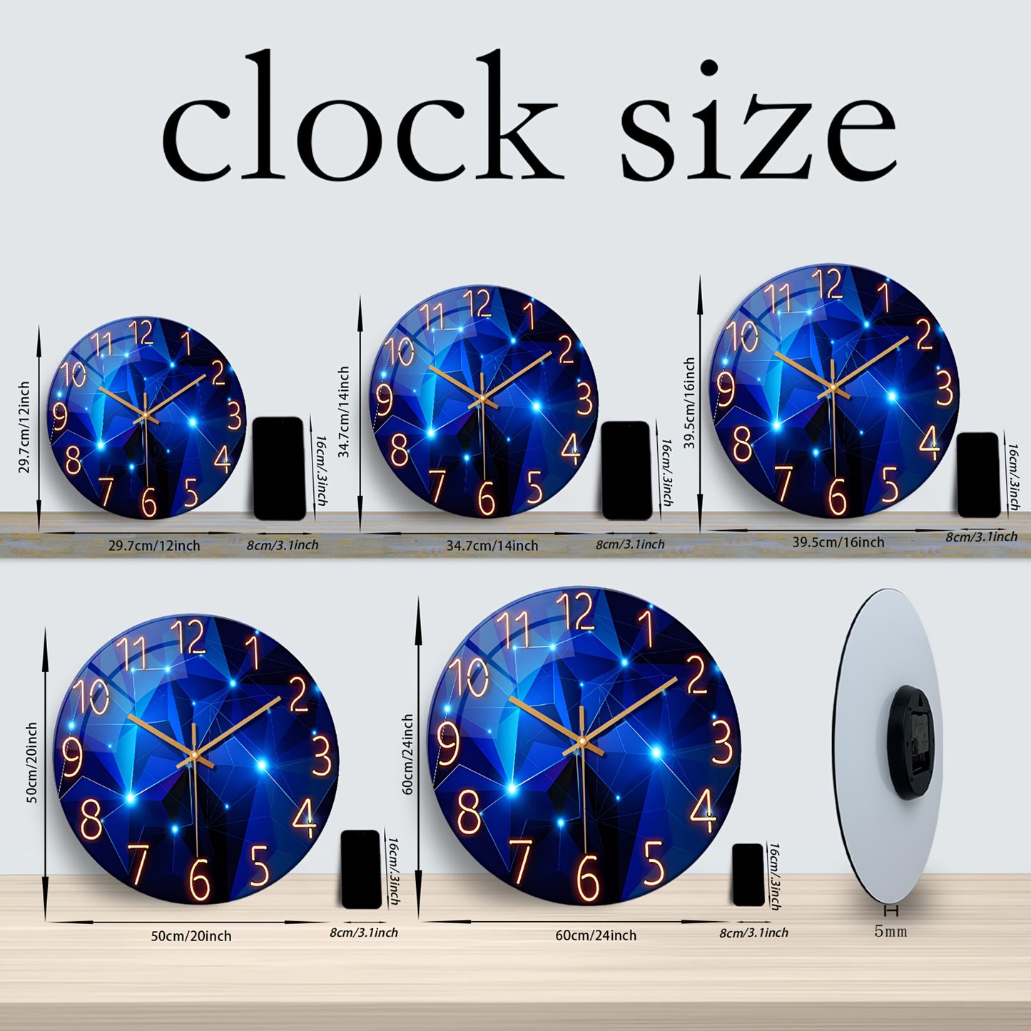 12-24 Inch Modern Blue Glass Wall Clock Large - Deep Blue Decoration, Silent Non-Ticking Quartz Movement, Battery Operated, 4mm Thick Tempered Glass - Suitable for Living Room, Bedroom, Office - Holiday Home Decor Gift, Bedroom Clock, Fantasy Design