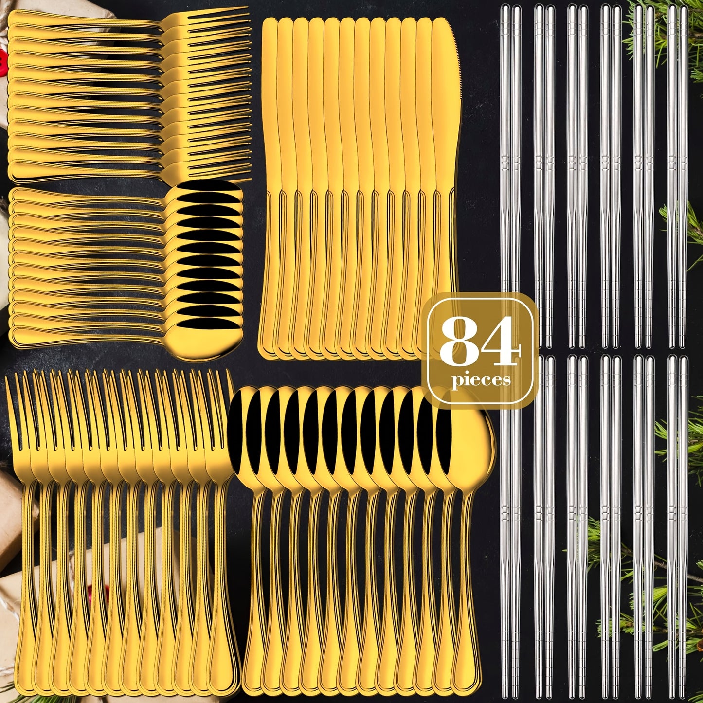 60/65/84pcs Golden Cutlery Set, Service for 12, for Family Gatherings, Camping And BBQ, Knife Fork Spoon Set, Kitchen Decor And Additions, Kitchen Storage & Organization, Kitchen Utensils