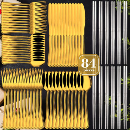 60/65/84pcs Golden Cutlery Set, Service for 12, for Family Gatherings, Camping And BBQ, Knife Fork Spoon Set, Kitchen Decor And Additions, Kitchen Storage & Organization, Kitchen Utensils