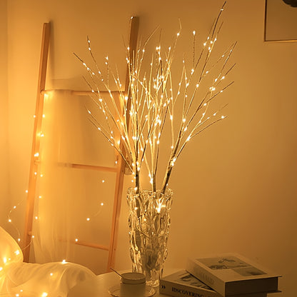 2pcs Decorative Simulation Of Luminous Birch Branches With Green Plants, Artificial Branch Lights Powered By Batteries, Suitable For Elegant Indoor Christmas And New Year Decorations, Fashionable Home Accessories, Decorative Reading Lights