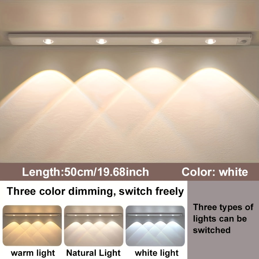 LED Sensor Strip Light USB Rechargeable – 3-Color Dimmable Motion Sensing Wireless Night Light for Kitchen, Wardrobe, Cabinet, Shoe Cabinet & Bedroom (20cm / 30cm / 40cm / 50cm)