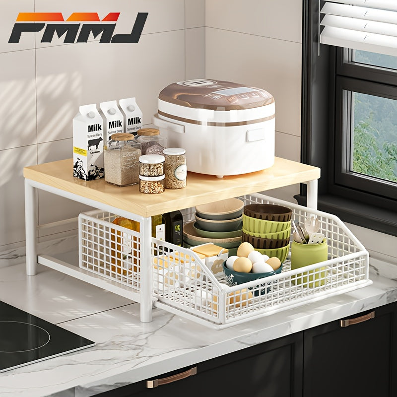 PMMJ 2-Tier Kitchen Organizer, 2-Tier Space-Saving Kitchen Countertop Organizer With Drawer And Wire Basket, Sturdy Hardwood And Metal Storage Shelf For Coffee Maker, Utensils, Spices, Durable Home Organization, Microwave Shelf, Utility Racks