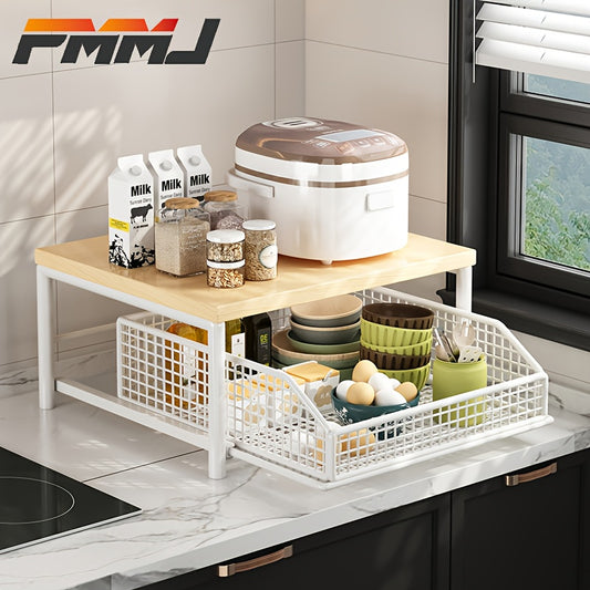 PMMJ 2-Tier Kitchen Organizer, 2-Tier Space-Saving Kitchen Countertop Organizer With Drawer And Wire Basket, Sturdy Hardwood And Metal Storage Shelf For Coffee Maker, Utensils, Spices, Durable Home Organization, Microwave Shelf, Utility Racks