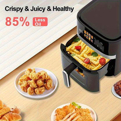 This 5-Quart Air Fryer Is an 8-In-1 Electric Hot Air Oven Equipped with an LED Touchscreen, Ensuring Even Heating of Food with a Power of 1350W. It Boasts a Large Capacity And Features 360° Hot Air Circulation Along with a Clear Touchscreen