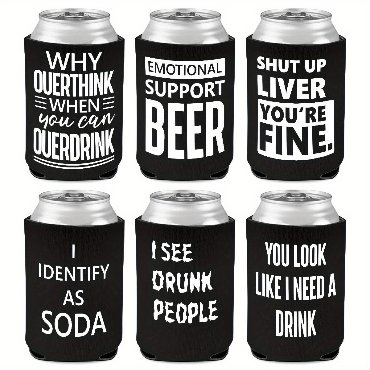 6pcs Neoprene Beer Can Coolers with Funny Drinking Phrases & Sobriety Humor - Insulated Drink Sleeves for Soda, Lager, Parties (Non-) - Durable Cylindrical Sleeve for Bachelorette, Oktoberfest, Camping - "I Identify as Soda