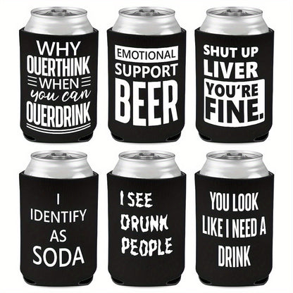 6pcs Neoprene Beer Can Coolers with Funny Drinking Phrases & Sobriety Humor - Insulated Drink Sleeves for Soda, Lager, Parties (Non-) - Durable Cylindrical Sleeve for Bachelorette, Oktoberfest, Camping - "I Identify as Soda