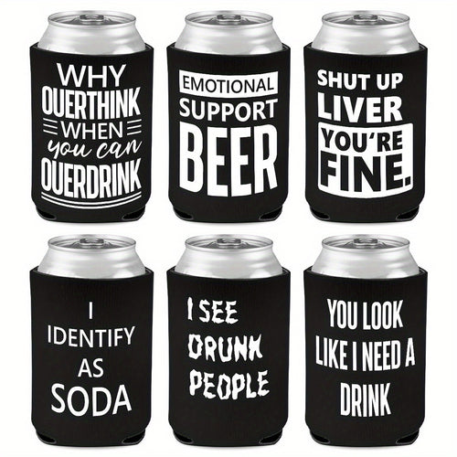 6pcs Neoprene Beer Can Coolers with Funny Drinking Phrases & Sobriety Humor - Insulated Drink Sleeves for Soda, Lager, Parties (Non-) - Durable Cylindrical Sleeve for Bachelorette, Oktoberfest, Camping - "I Identify as Soda