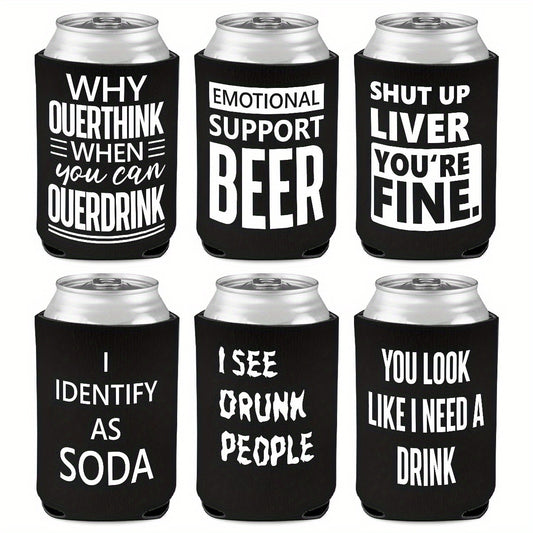 6-Pack Neoprene Beer Can Coolers with Funny Drinking Phrases - Insulated Drink Sleeves for Soda & Lager - Durable Cylindrical Can Huggers for Bachelorette, Oktoberfest & Camping Parties