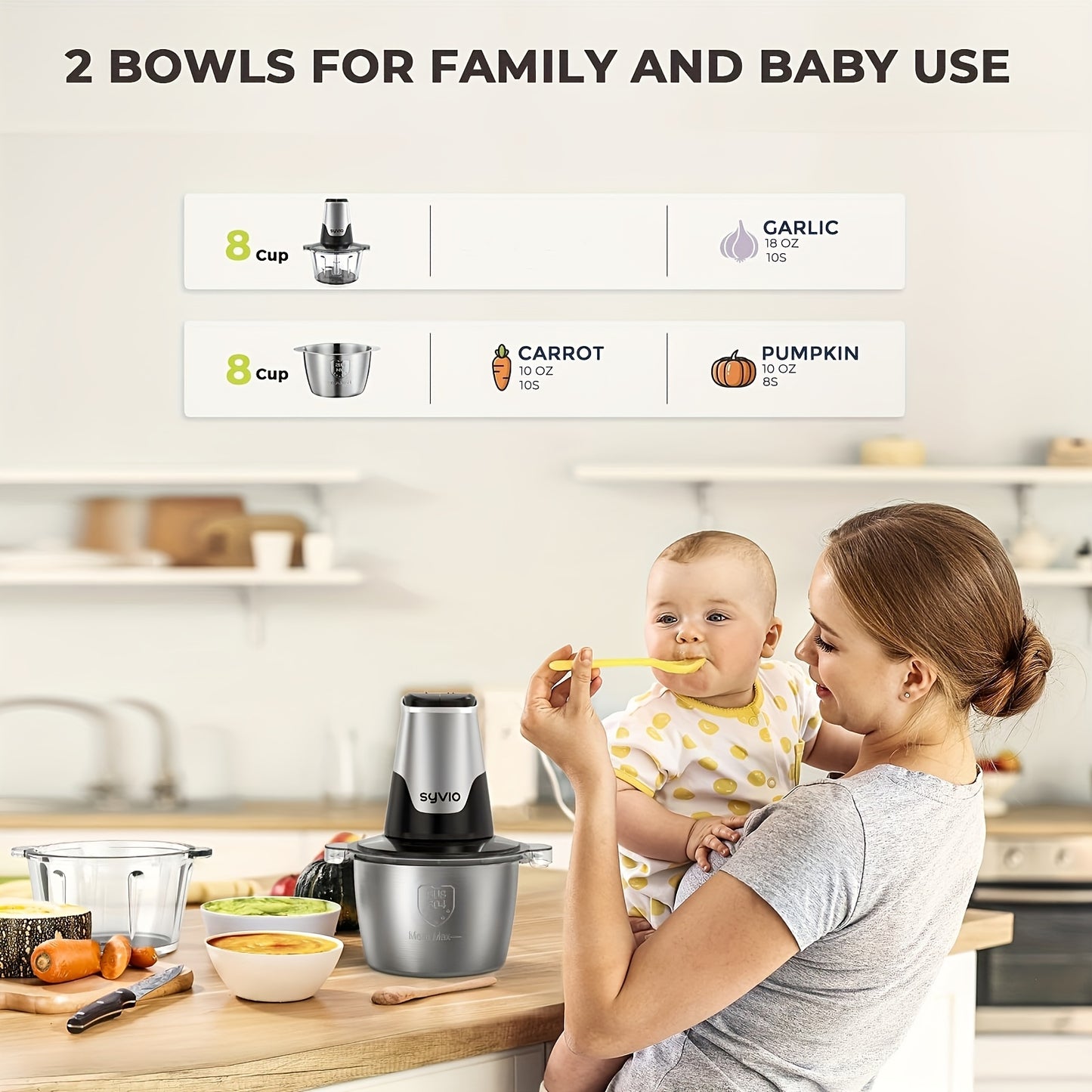 Syvio 450W Food Processors with 2 Bowls, Meat Grinder 4 Bi-Level Blades, Mini Electric Food Chopper, for Baby Food, Meat, Onion, Vegetables Chopper, 2 Speed, Christmas Gifts
