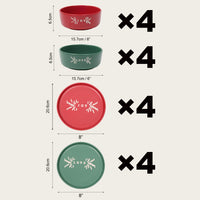 16pcs Red and Green Bowl and Plate Set