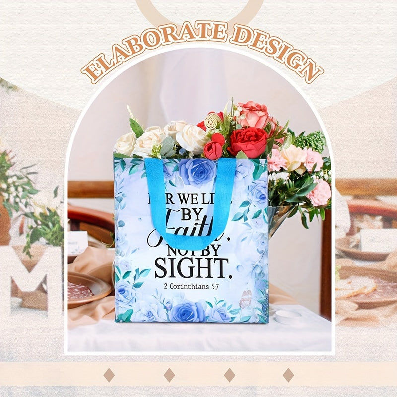 Floral Bible Verse Tote Bags, Reusable Fabric Gift Bags, Inspirational Religious Non-Woven Tote Bags With Handles, For Christian Baptism Wedding And Birthday, For Women And Girls, 32 Pcs