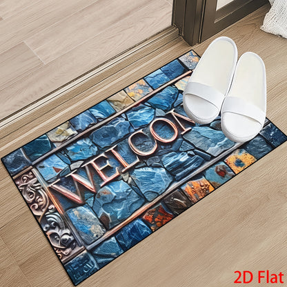 2D Retro Blue Welcome Doormat Stone Pattern Entrance Carpet Non-Slip Floor Mats Indoor Home Decor