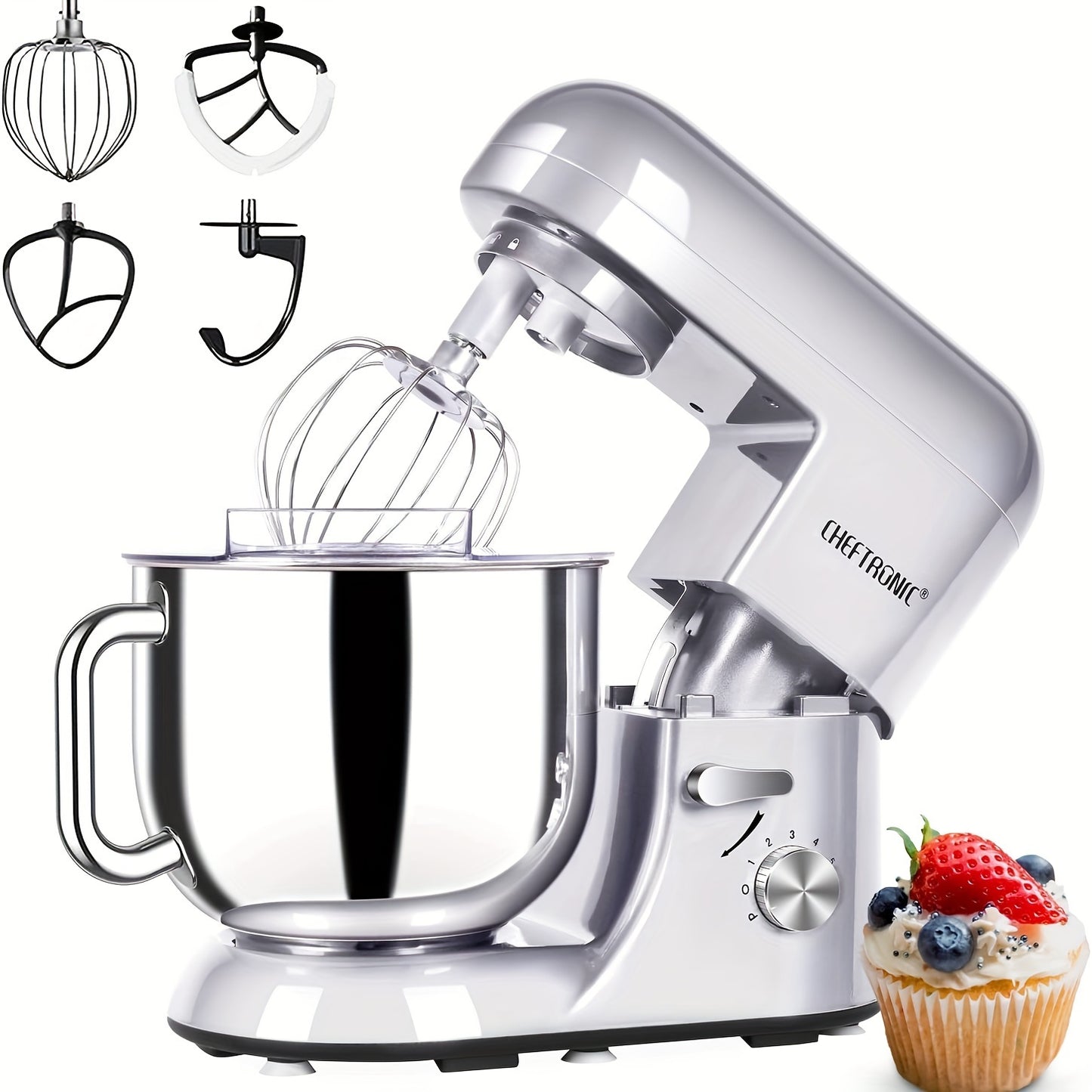 CHEFTRONIC Electric Stand Mixer, 7QT 650W 6Speeds Tilt-Head Dough Mixers, Bread Mixer with Dough Hook, Whisk, 2Beaters, Splash Guard for Baking Bread, Cake, Cooky, Pizza, Muffin, Salad And More - SilverSPU:88895