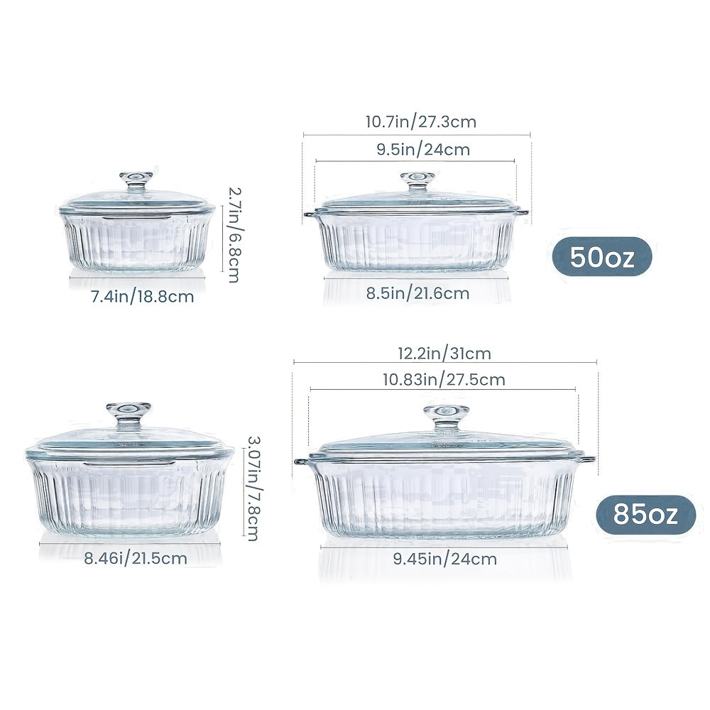 Elegant Glass Casseroles with Lids Set, Ribbed Oval Roaster, Transparent Covered Cookware, Versatile Deep Glass Food Containers, 50oz & 85oz, for Baking, Cooking, Oven & Microwave Safe, with Ideal for Desserts, Chicken, Pasta, for Holidays