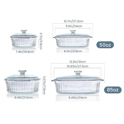 Elegant Glass Casseroles with Lids Set, Ribbed Oval Roaster, Transparent Covered Cookware, Versatile Deep Glass Food Containers, 50oz & 85oz, for Baking, Cooking, Oven & Microwave Safe, with Ideal for Desserts, Chicken, Pasta, for Holidays