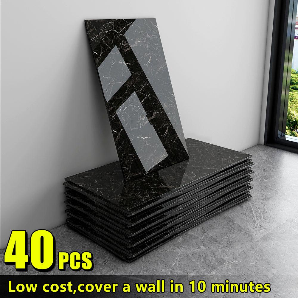 20/40/60-Pack Self-Adhesive Marble Wall Panels Set -Oversized White &Grey/Black Marble Sheets, Peel & Stick Removable Vinyl Planks, Bathroom, Kitchen, Living Room-Glossy Finish, Easy Install/Remove, Reusablelmitation Stone, DIY Home Decor